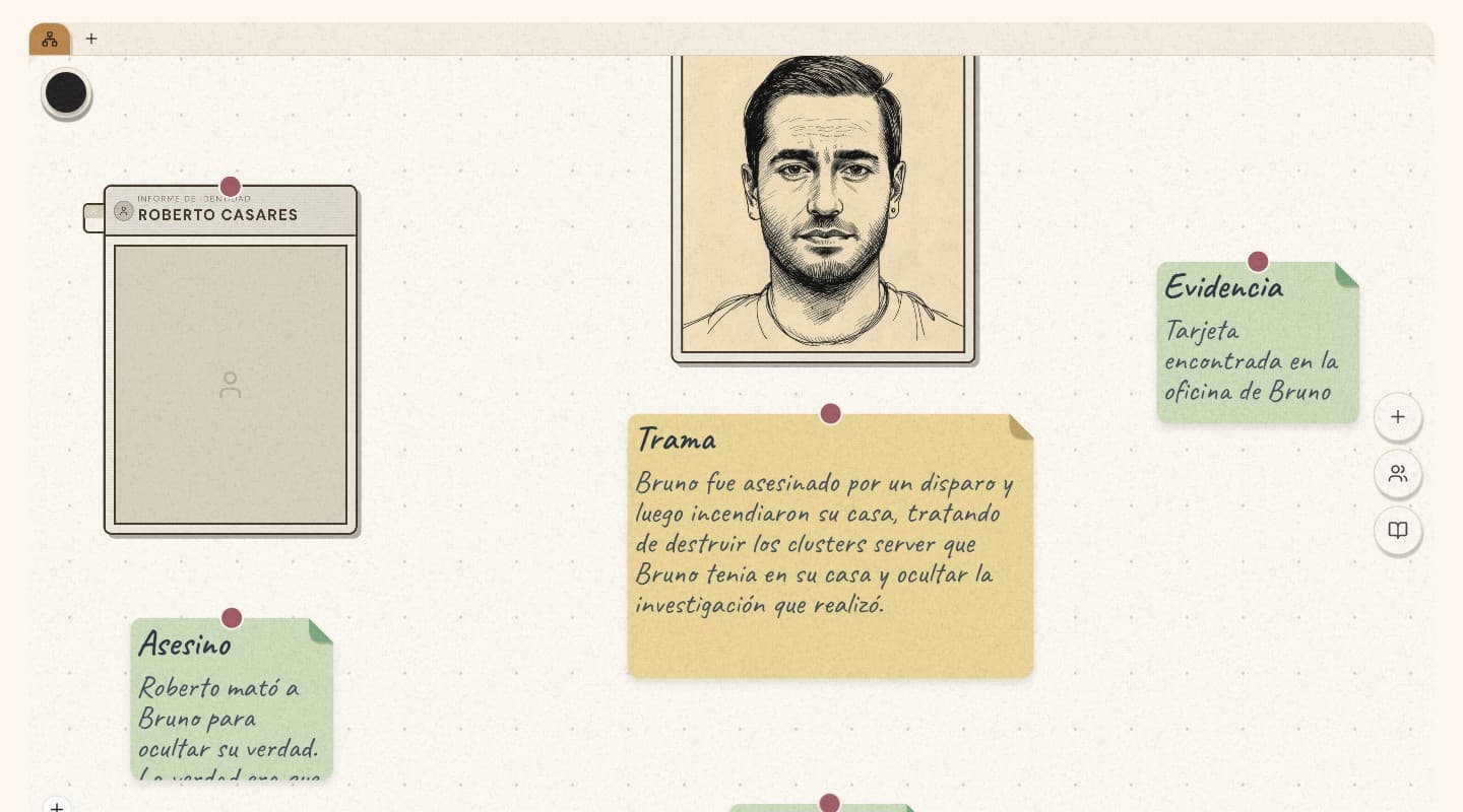 Un tablero de Storia: retratos de personajes, notas de trama y evidencia conectados en un lienzo infinito.